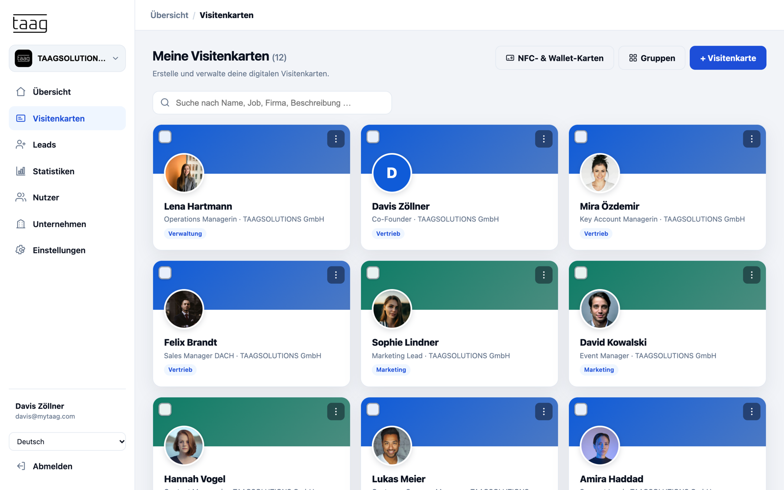 Raster mit den digitalen Visitenkarten aller Mitarbeitenden im MyTaag-Dashboard