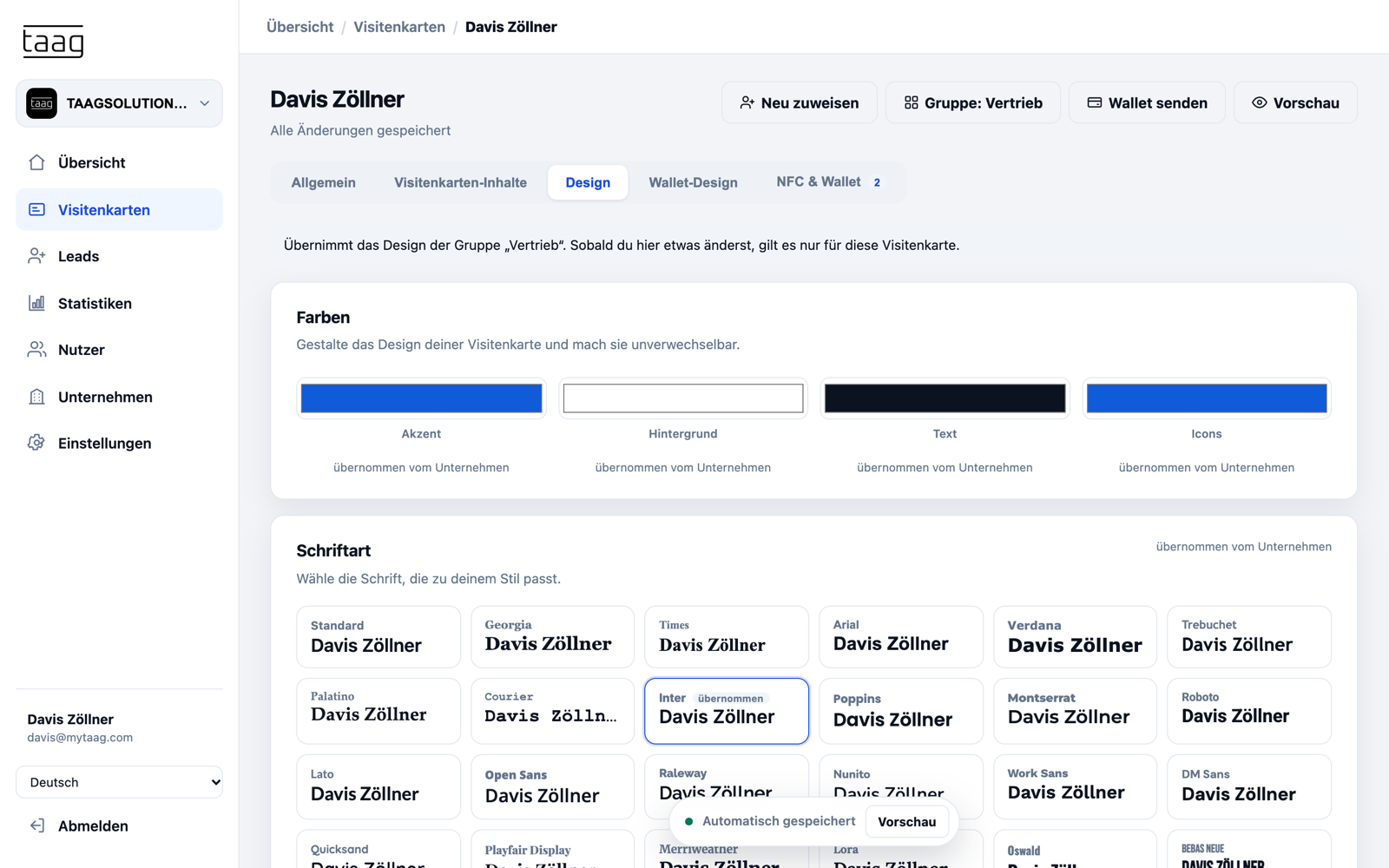 Design-Tab mit Logo, Banner, Farben und Schriftart für alle Visitenkarten des Unternehmens
