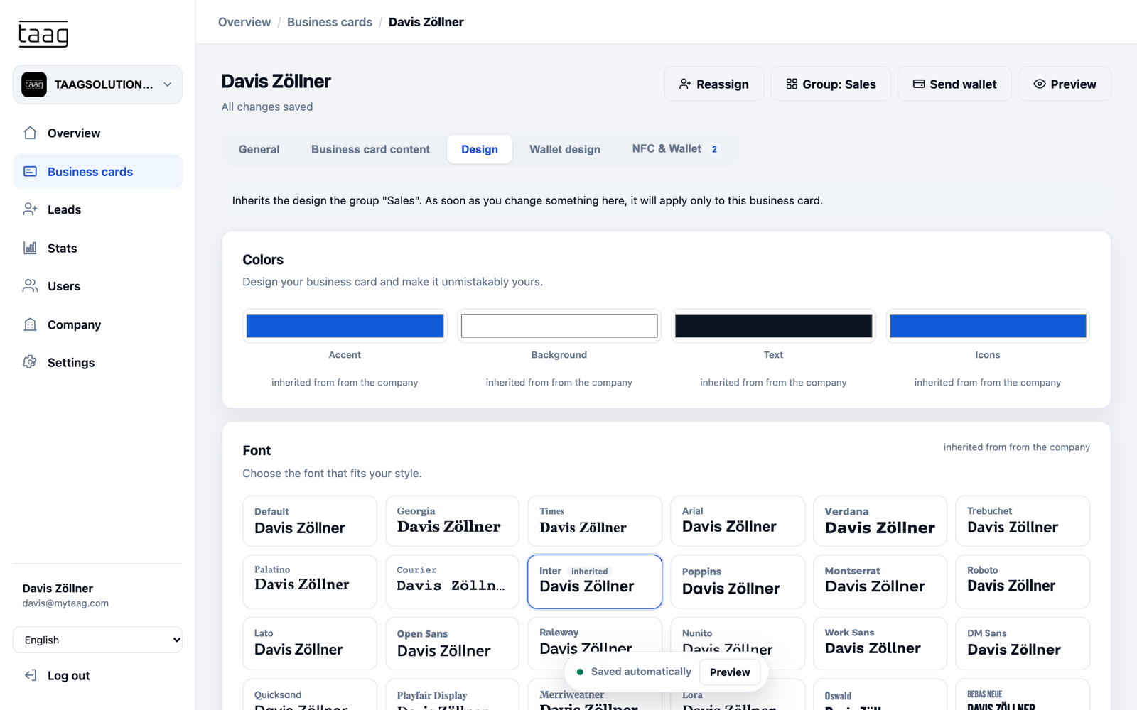 Design tab with logo, banner, colors and font for all of the company’s business cards