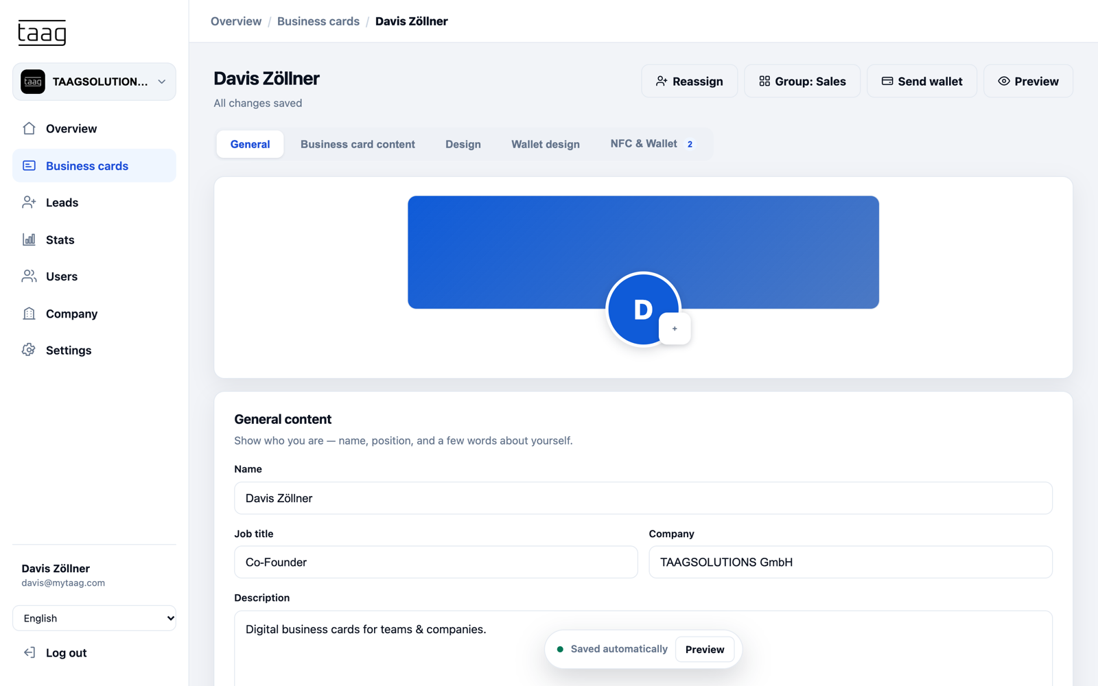 Editing an employee business card with name, job title and company in the MyTaag dashboard