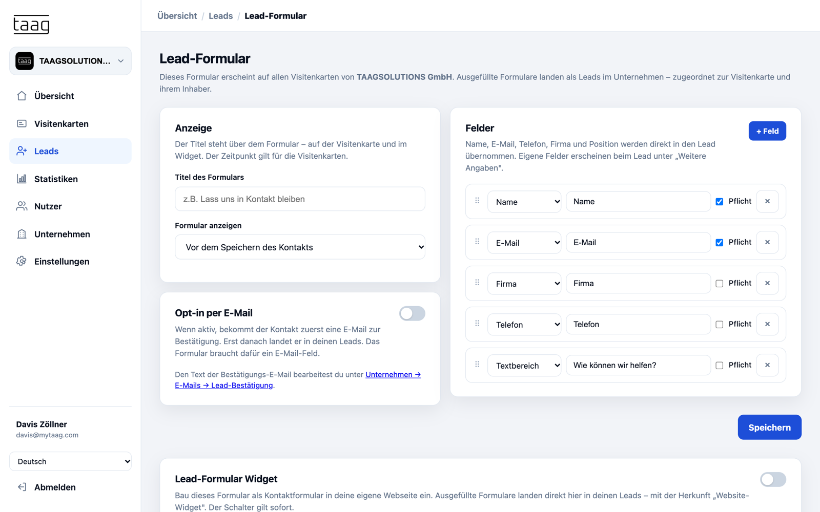 Einstellungen des Lead-Formulars mit Anzeigezeitpunkt, Feldern, Pflichtfeldern und Opt-in per E-Mail