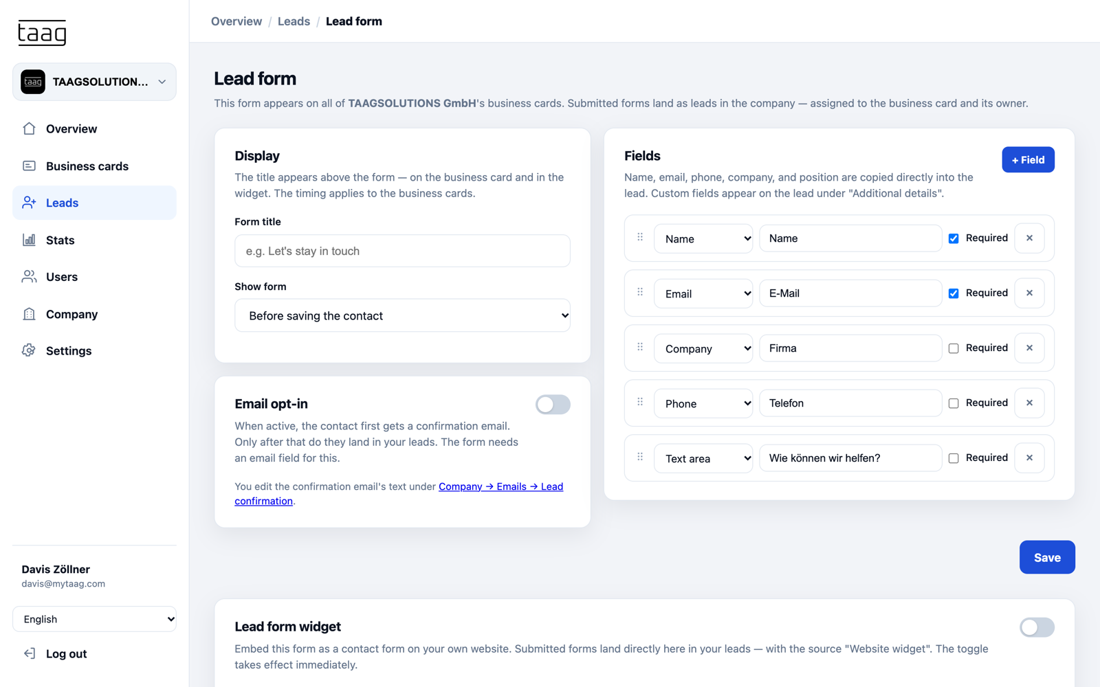 Lead form settings with display timing, fields, required fields and email opt-in