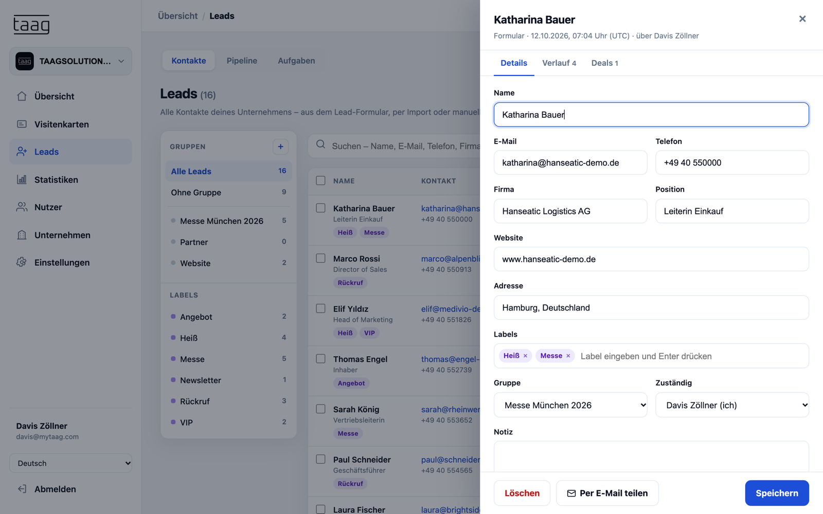 Lead-Detail mit Labels, Kontaktdaten und Button „Per E-Mail teilen“