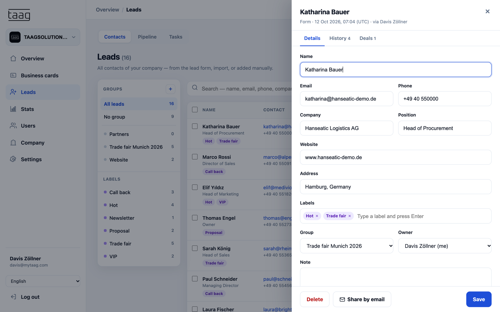 Lead details with labels, contact data and a "Share by email" button