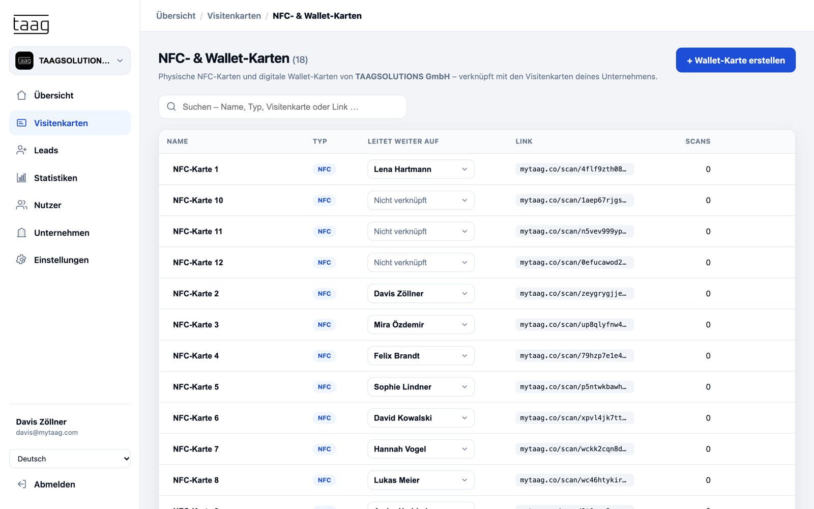 Liste der NFC- und Wallet-Karten mit verknüpfter Visitenkarte, Link und Anzahl der Scans