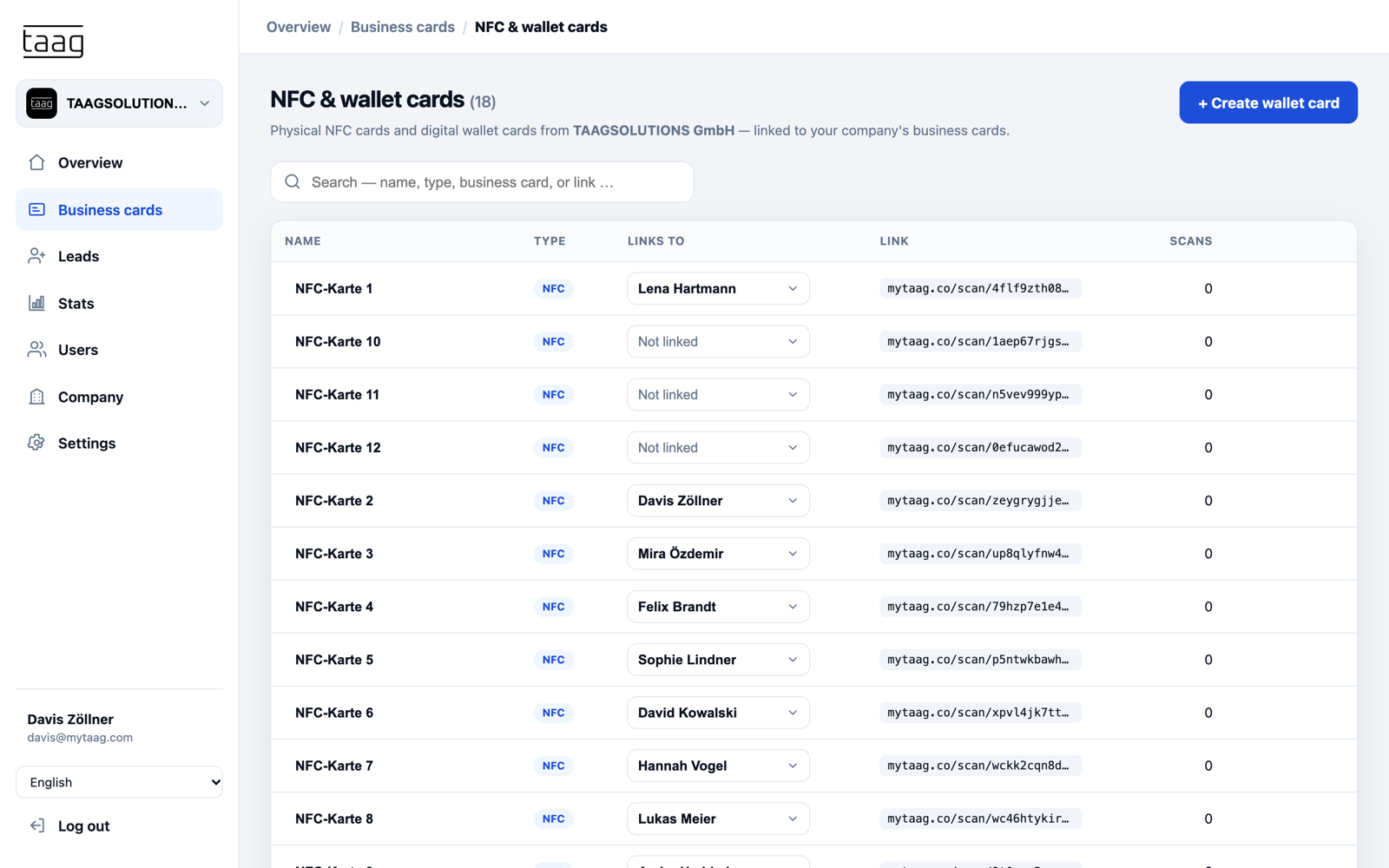 List of NFC and Wallet cards with linked business card, link and scan count