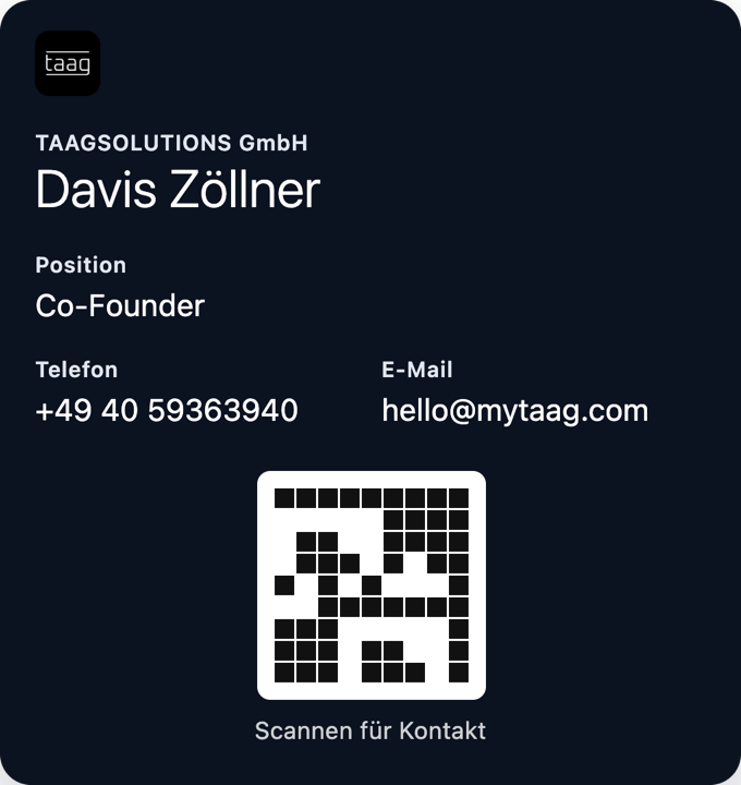 Visitenkarte als Pass in Apple Wallet mit Name, Position, Logo und QR-Code