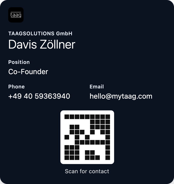 Business card in Apple Wallet with a QR code and the hint "Scan for contact"
