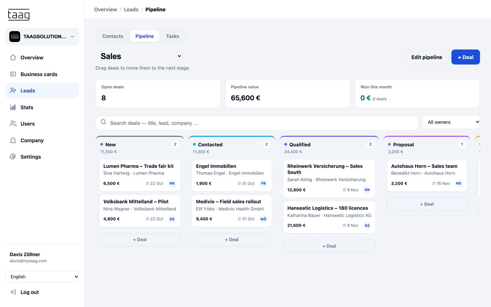 CRM board in MyTaag with deals in the stages of a sales pipeline