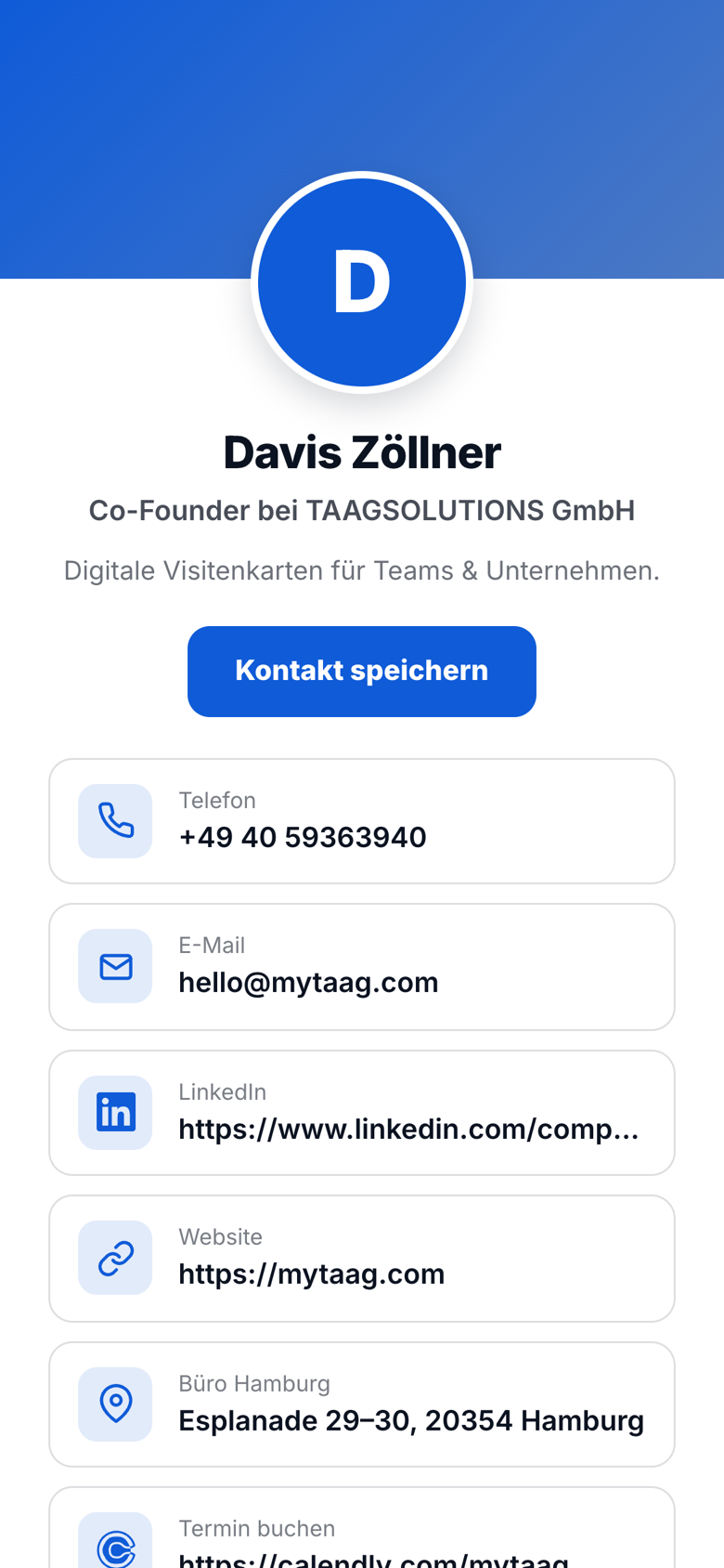 Digitale Visitenkarte im Browser, geöffnet über einen dynamischen QR-Code