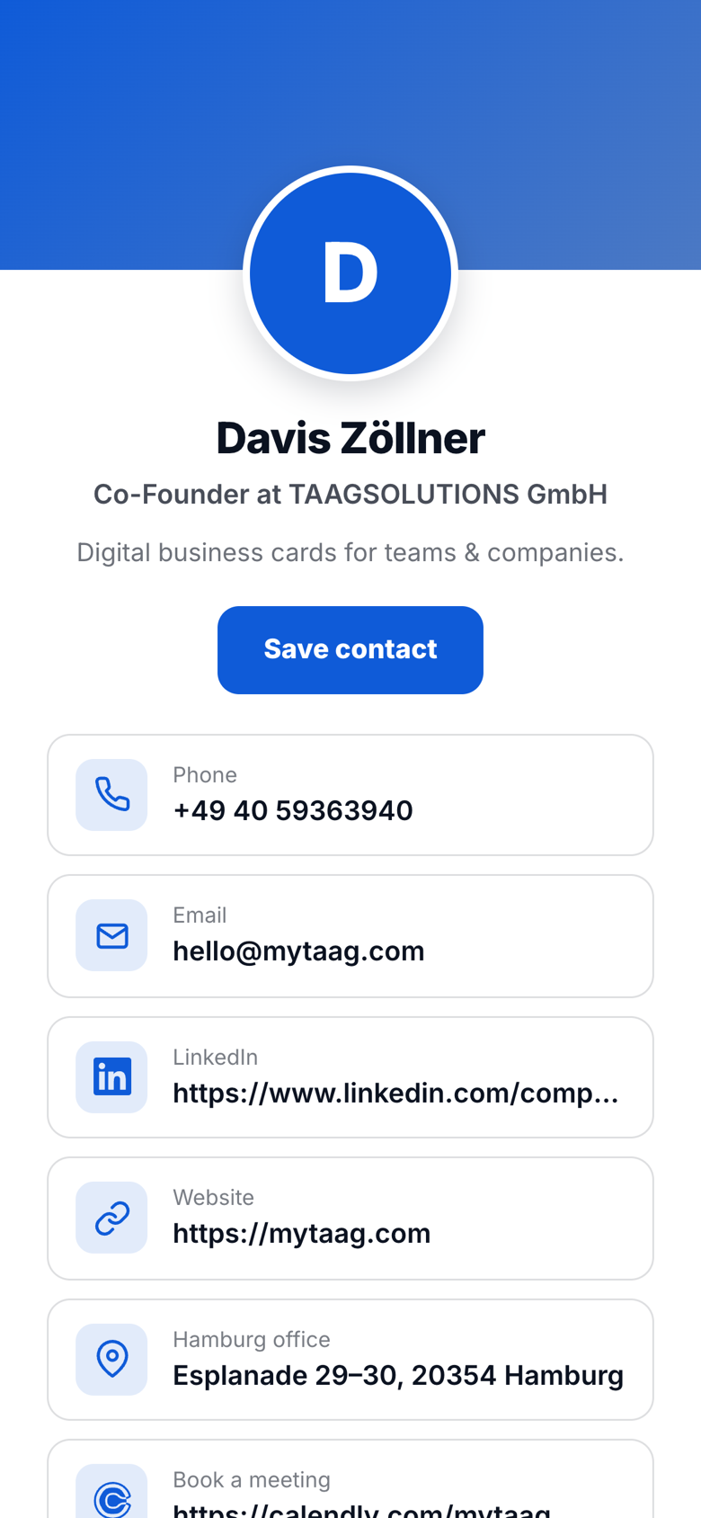 Davis Zöllner’s digital business card opening in the browser after tapping the NFC card