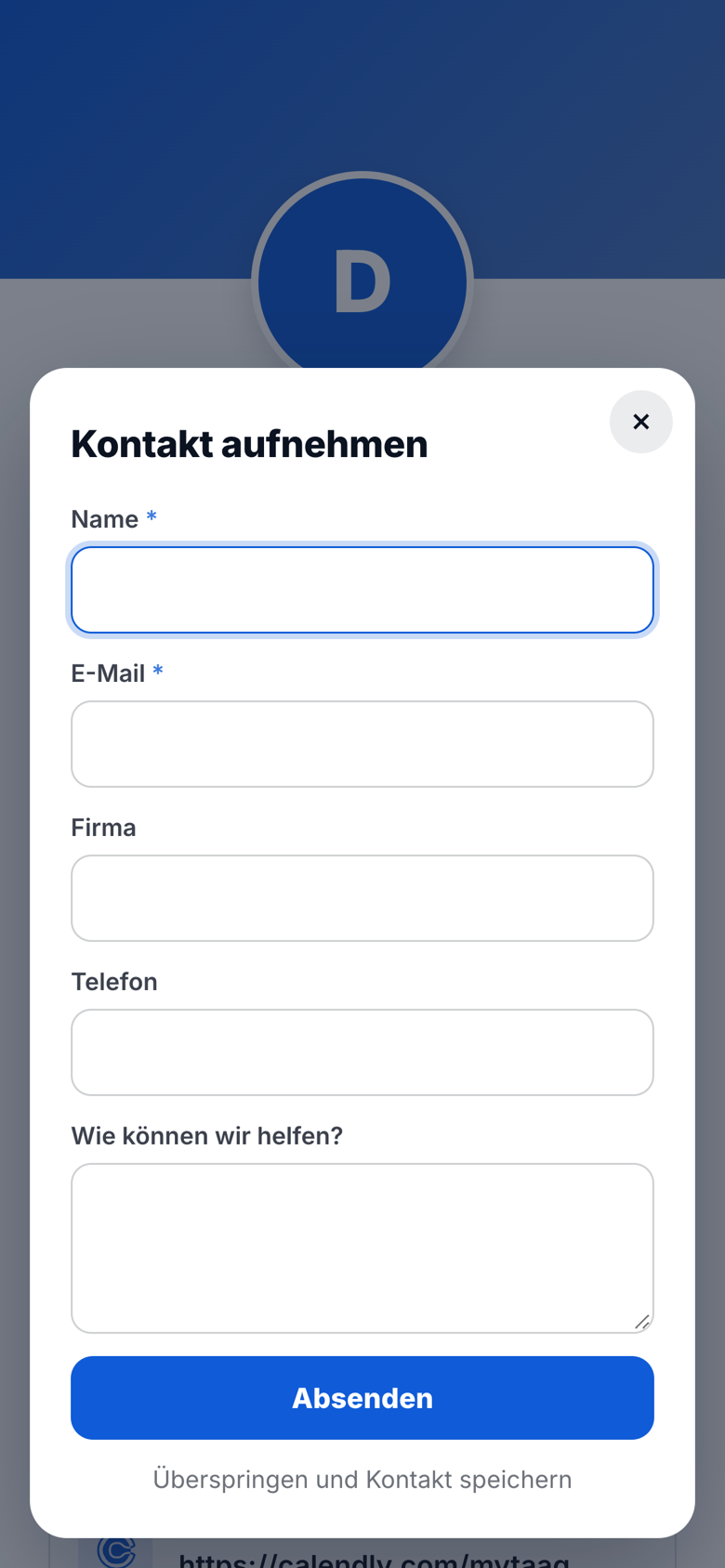 Lead-Formular auf der digitalen Visitenkarte, nachdem „Kontakt speichern“ angetippt wurde