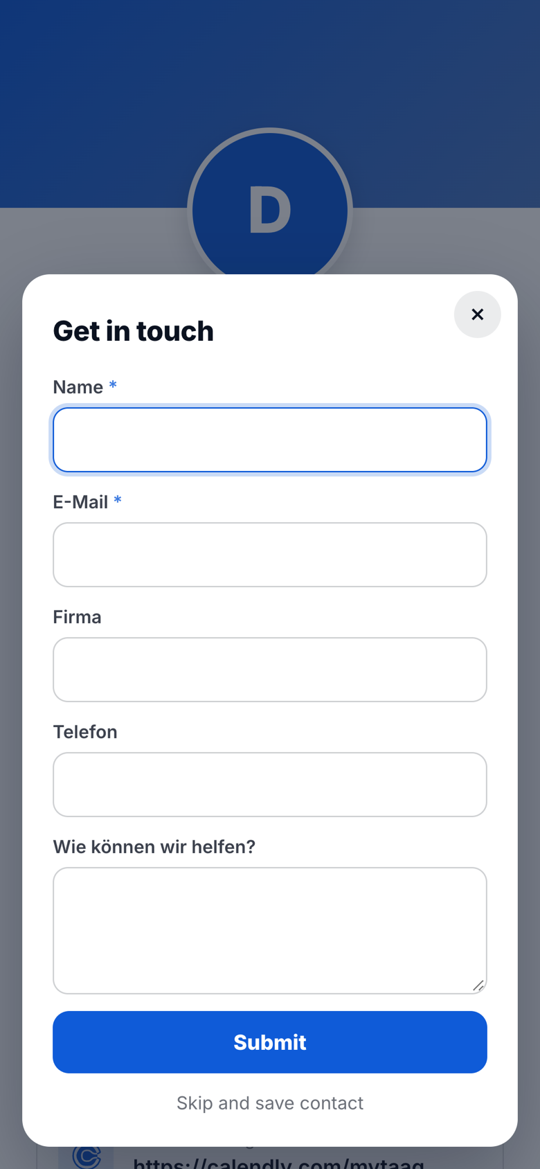 Lead form on the digital business card after tapping “Save contact”