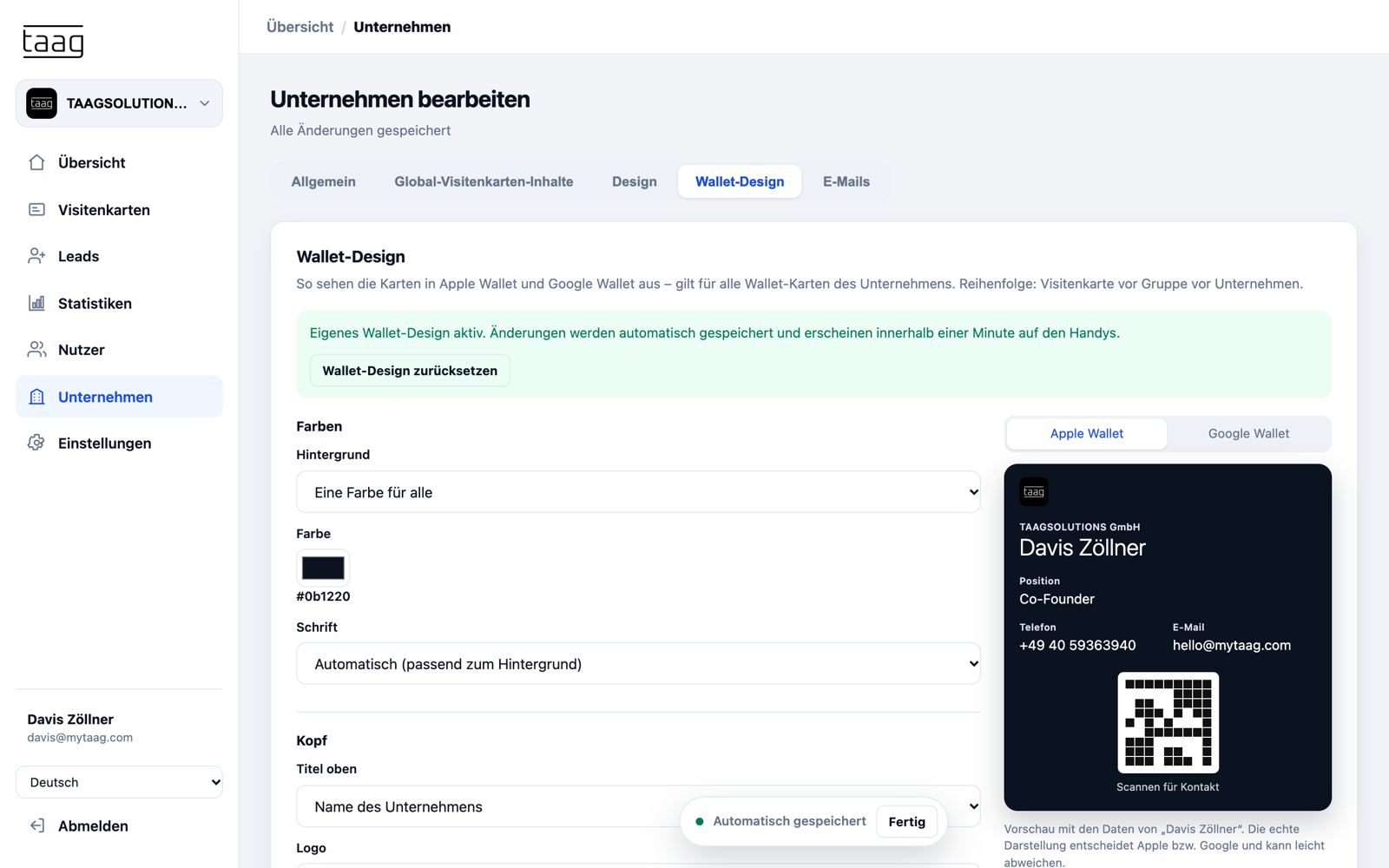 Einstellungen für das Wallet-Design des Unternehmens mit Farben, Logo und Vorschau