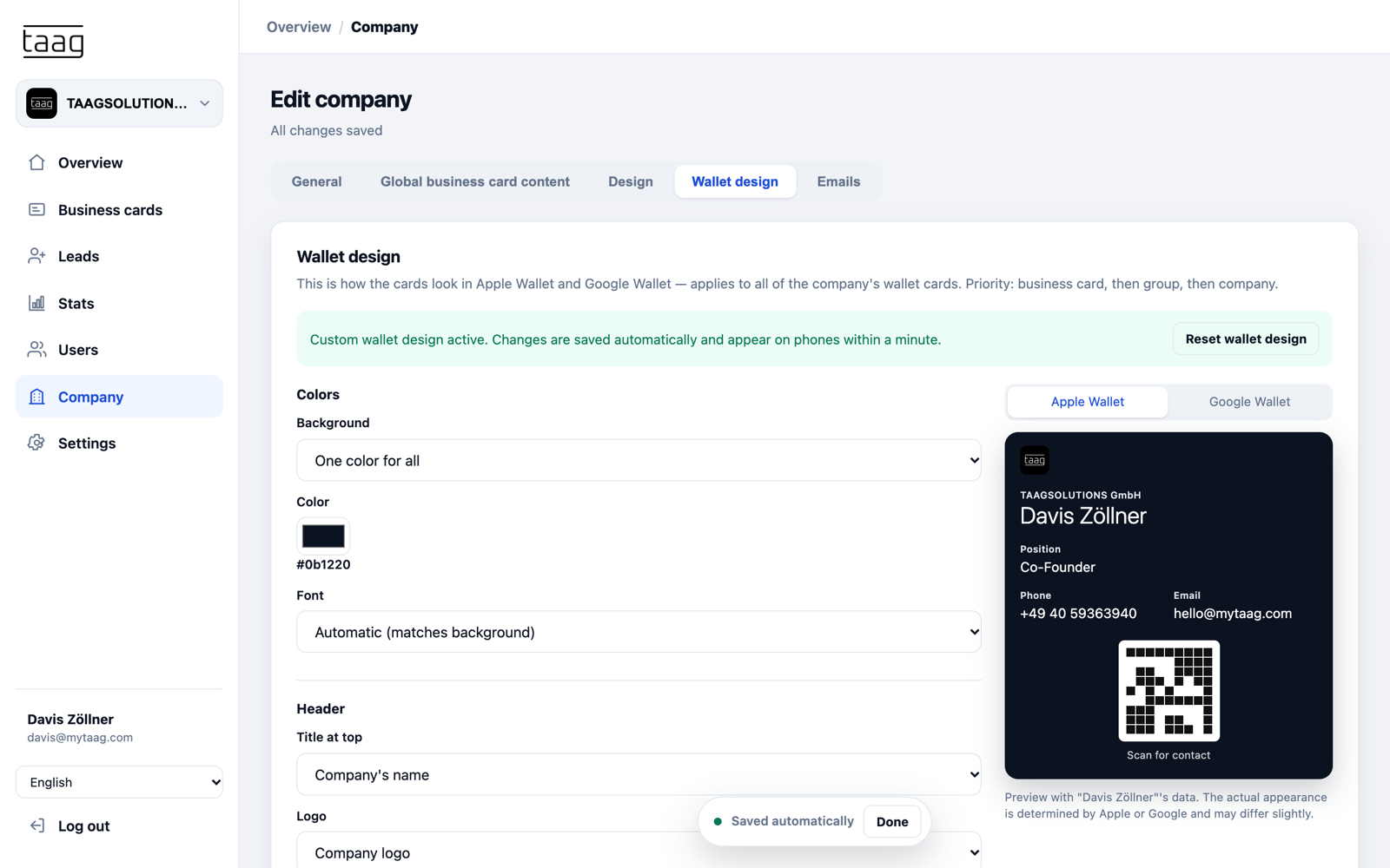 Company Wallet design settings with colors, logo and live preview