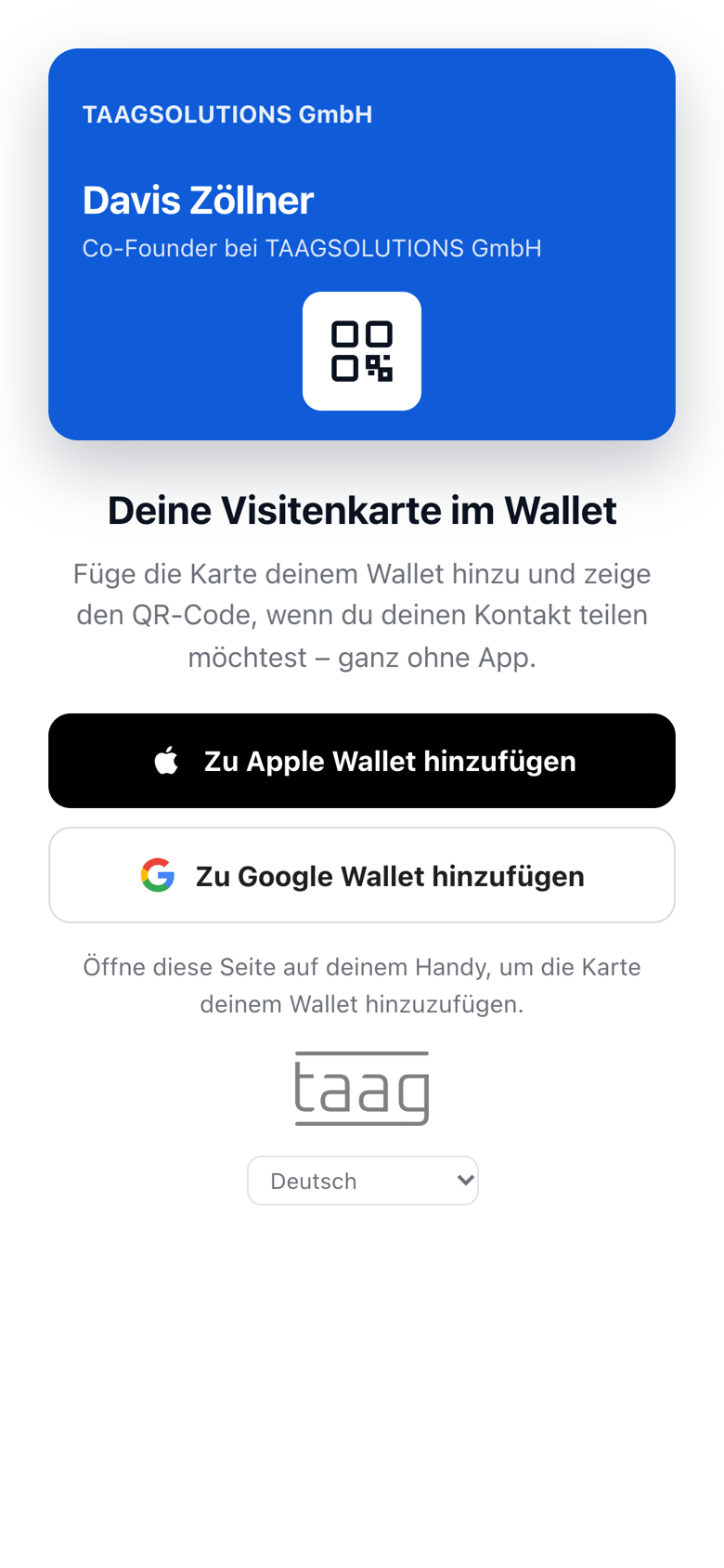 Seite „Zum Wallet hinzufügen“ mit Buttons für Apple Wallet und Google Wallet