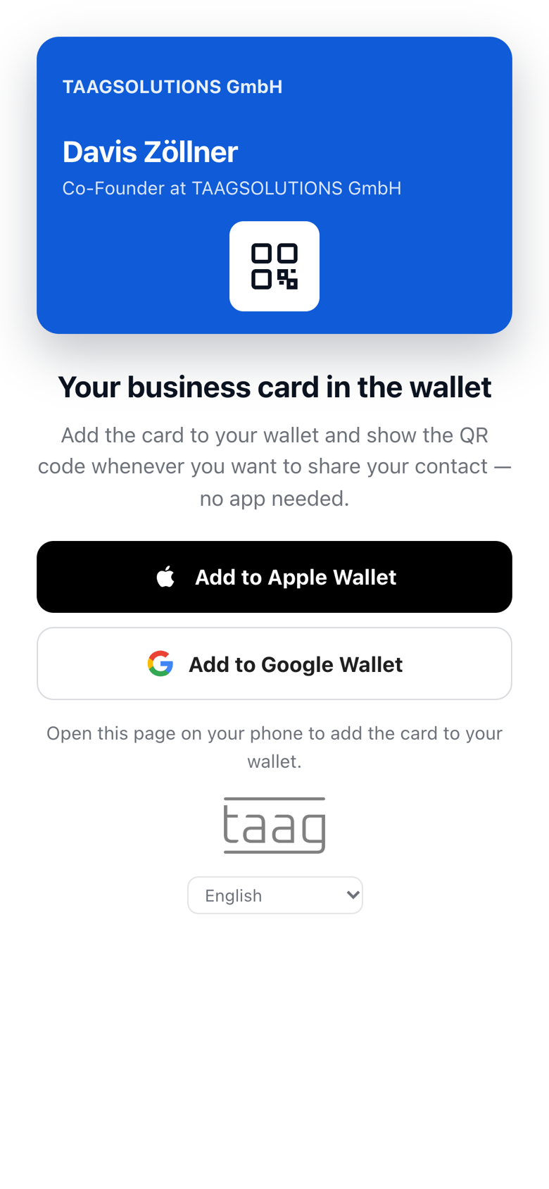 “Add to Wallet” page with buttons for Apple Wallet and Google Wallet